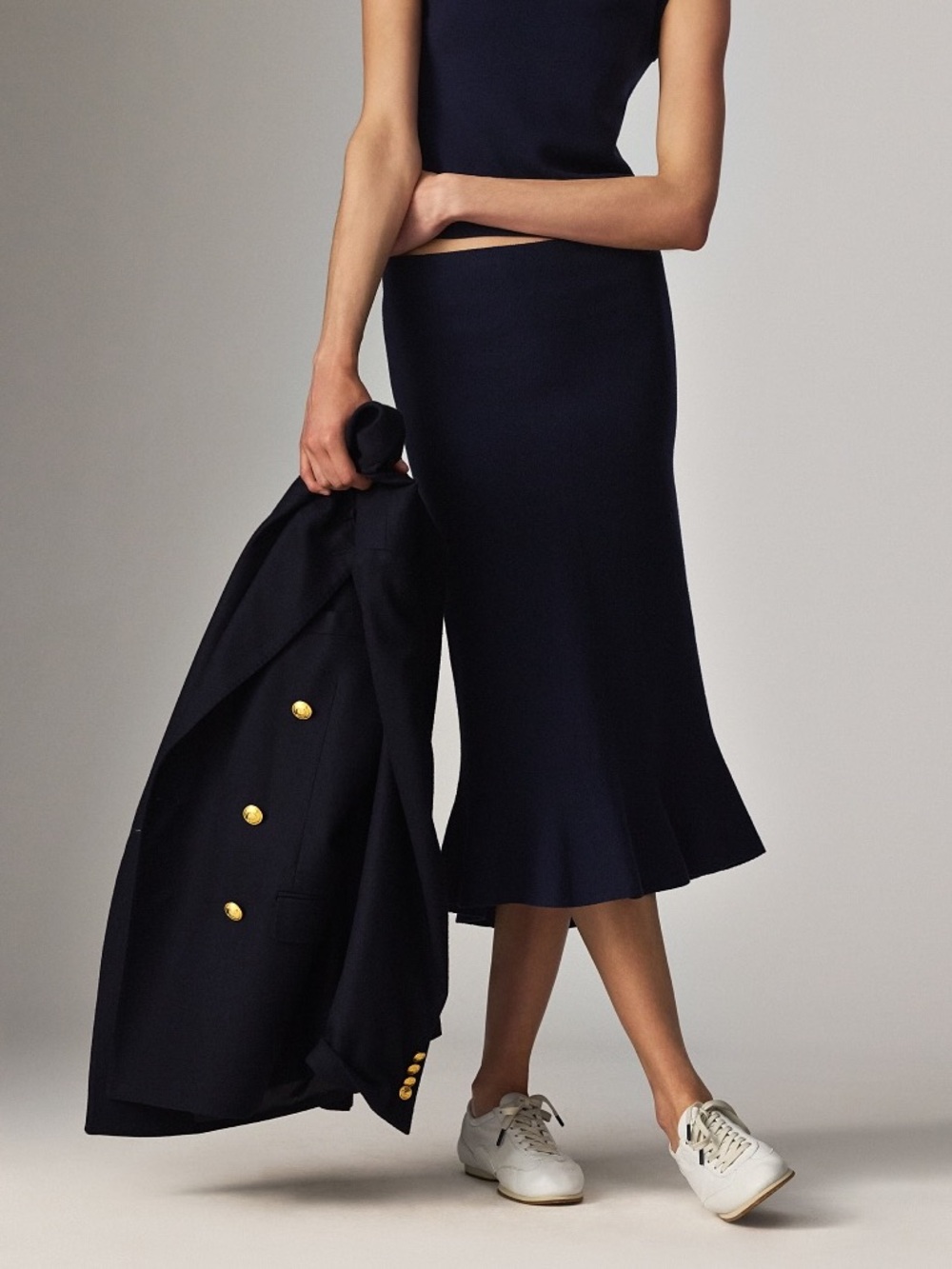Polo Ralph Lauren Flared Knit Skirt Slim Fit Fluting Hem Fit and Flare Navy Blue